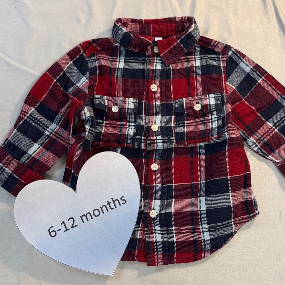 Gymboree - long sleeve plaid flannet button down shirt. Size 6-12 months